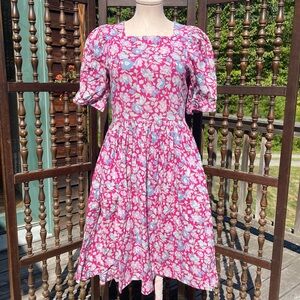 LAURA ASHLEY Vintage 80s Pink Floral Puff Sleeve Cottagecore Prairie Midi Dress
